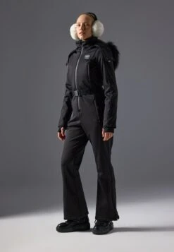 SKI SUIT WITH ADJUSTABLE BELT AND DETACHABLE FUR HOOD - Snowsuit - Black
